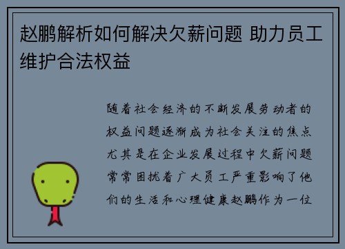 赵鹏解析如何解决欠薪问题 助力员工维护合法权益